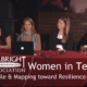 women at a roundtable discussion; one woman with a mic in her hand speaking; text overlay says "Women in Tech"
