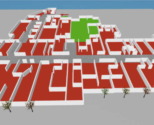 3D floorplan / layout of a hospital with white walls and red background